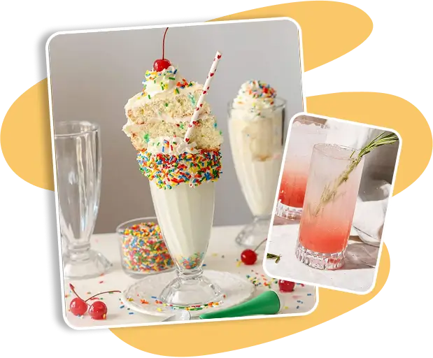 Vanilla pistachio milkshake topped with whipped cream, kataifi crumbs, and colorful sprinkles.